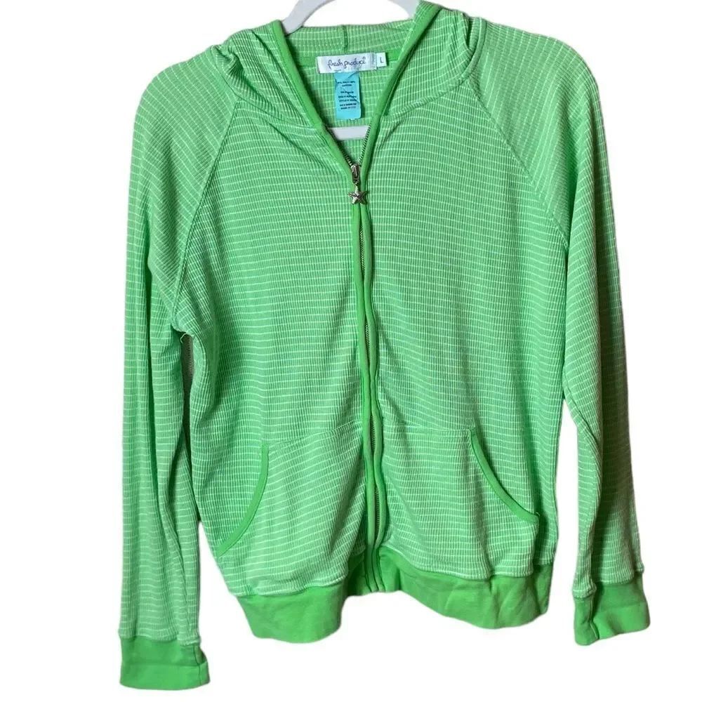 Fresh Produce Sz Lg Bright Green White Stripe Full Zip Hoodie Sweatshirt Jacket